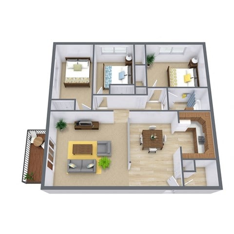 Floor plan for 3 beds, 1 bath, 930 sqft